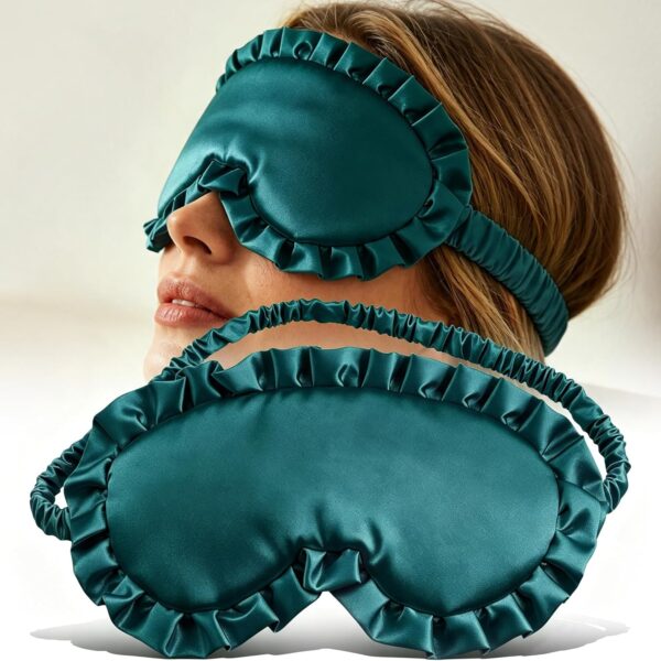 Green satin sleep mask with ruffled trim